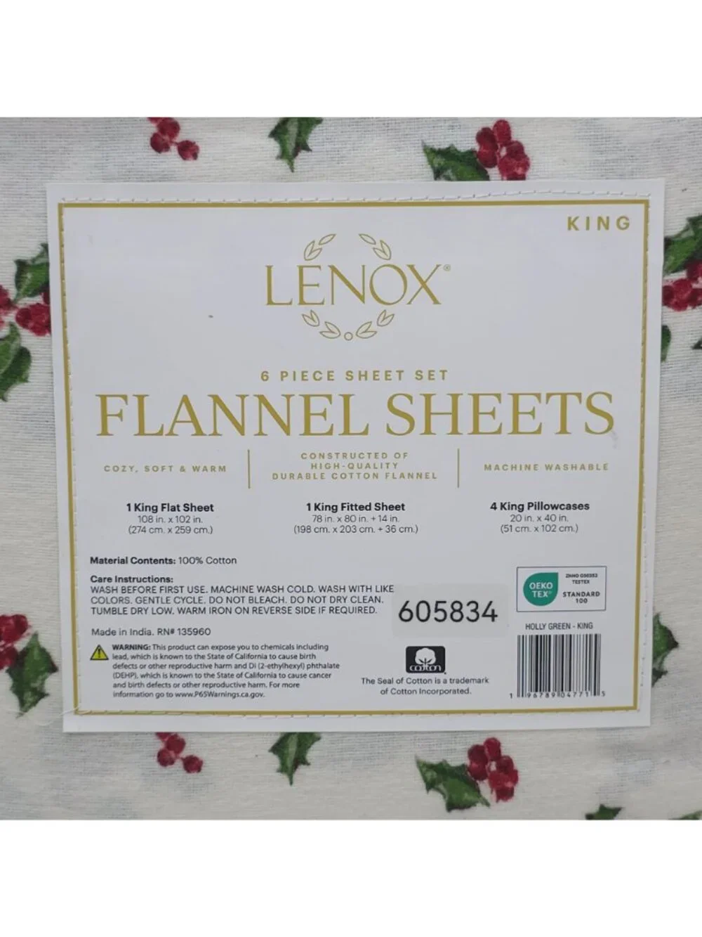 Lenox 6-Piece Queen Flannel Sheet Set With Holly Print 100% Cotton Cozy